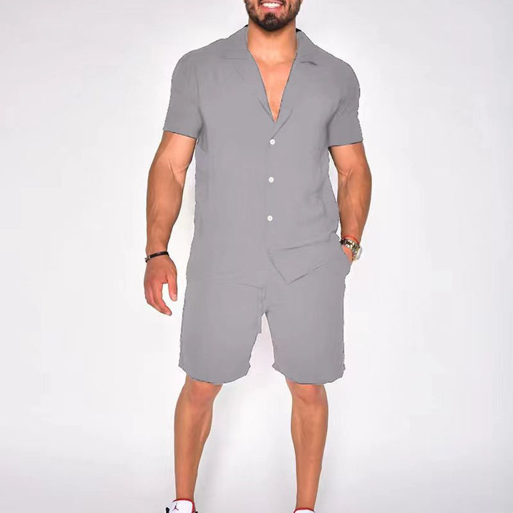 Men's Summer Lapels Cotton Linen Solid Color Short Sleeve Shorts Suit