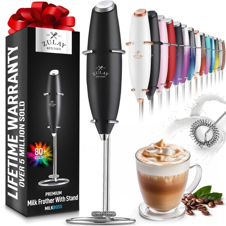 Zulay Powerful Milk Frother Handheld Foam Maker for Lattes - Whisk Drink Mixer for Coffee, Mini Foamer for Cappuccino, Frappe, Matcha, Hot Chocolate by Milk Boss (Black/Copper)