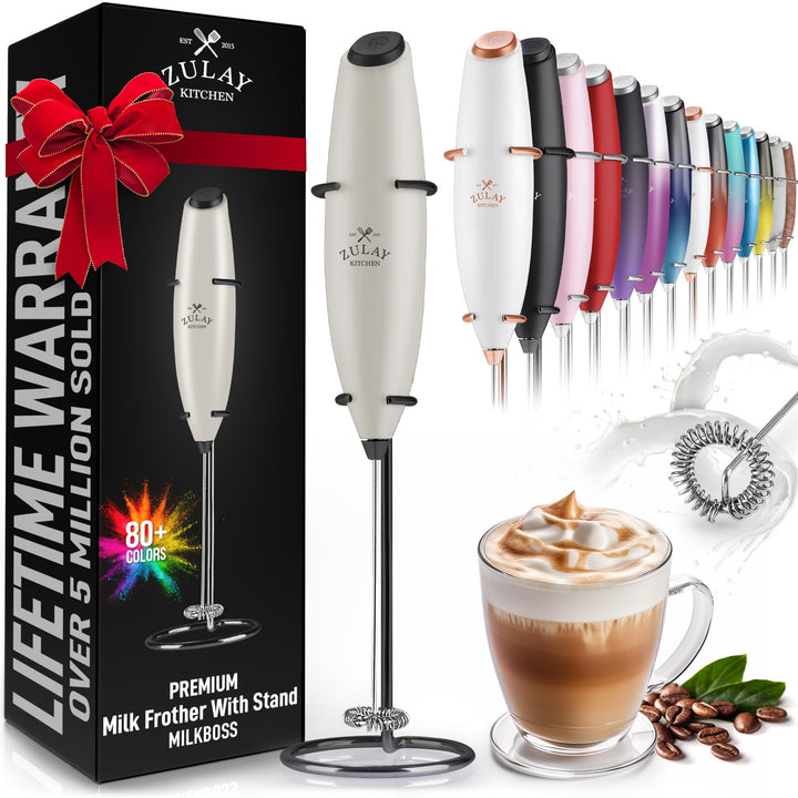 Zulay Powerful Milk Frother Handheld Foam Maker for Lattes - Whisk Drink Mixer for Coffee, Mini Foamer for Cappuccino, Frappe, Matcha, Hot Chocolate by Milk Boss (Black/Copper)