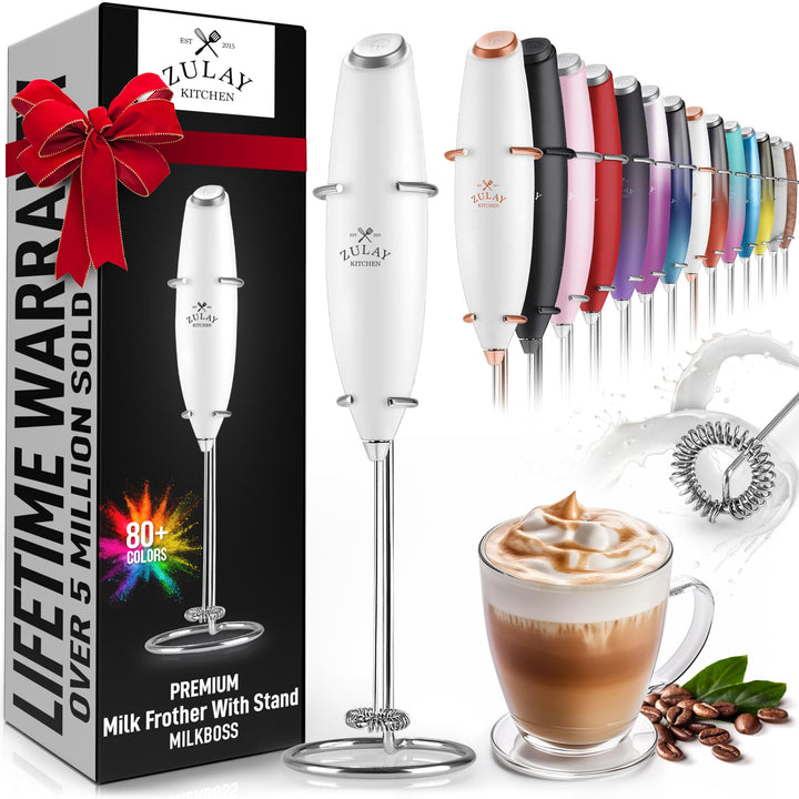 Zulay Powerful Milk Frother Handheld Foam Maker for Lattes - Whisk Drink Mixer for Coffee, Mini Foamer for Cappuccino, Frappe, Matcha, Hot Chocolate by Milk Boss (Black/Copper)