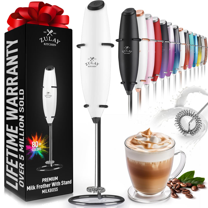 Zulay Powerful Milk Frother Handheld Foam Maker for Lattes - Whisk Drink Mixer for Coffee, Mini Foamer for Cappuccino, Frappe, Matcha, Hot Chocolate by Milk Boss (Black/Copper)