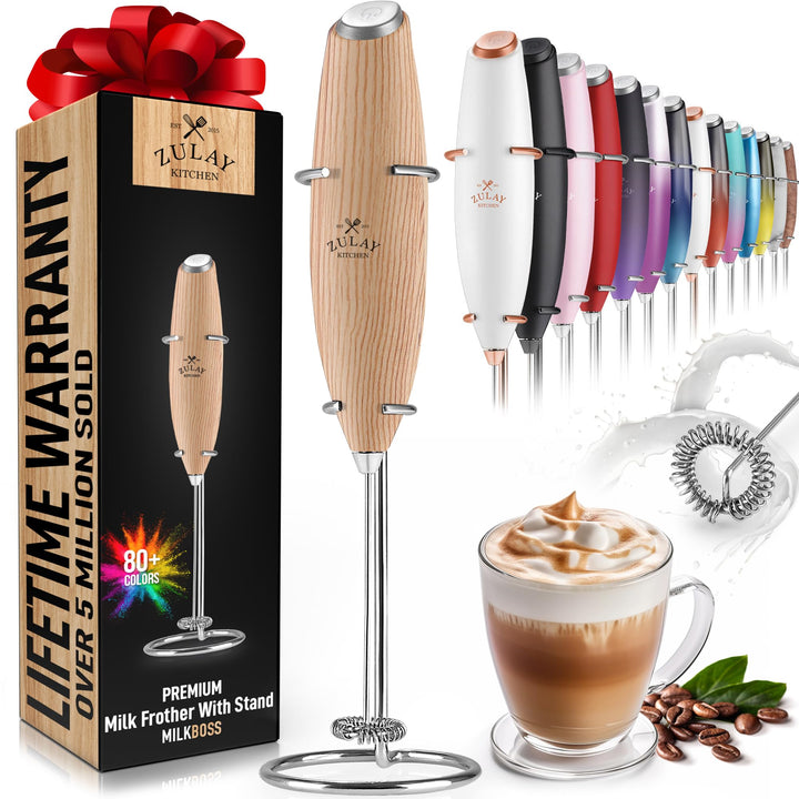 Zulay Powerful Milk Frother Handheld Foam Maker for Lattes - Whisk Drink Mixer for Coffee, Mini Foamer for Cappuccino, Frappe, Matcha, Hot Chocolate by Milk Boss (Black/Copper)