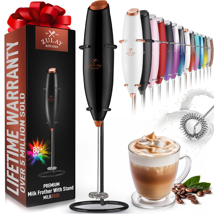 Zulay Powerful Milk Frother Handheld Foam Maker for Lattes - Whisk Drink Mixer for Coffee, Mini Foamer for Cappuccino, Frappe, Matcha, Hot Chocolate by Milk Boss (Black/Copper)