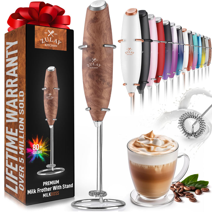 Zulay Powerful Milk Frother Handheld Foam Maker for Lattes - Whisk Drink Mixer for Coffee, Mini Foamer for Cappuccino, Frappe, Matcha, Hot Chocolate by Milk Boss (Black/Copper)