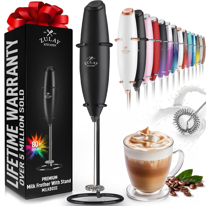 Zulay Powerful Milk Frother Handheld Foam Maker for Lattes - Whisk Drink Mixer for Coffee, Mini Foamer for Cappuccino, Frappe, Matcha, Hot Chocolate by Milk Boss (Black/Copper)