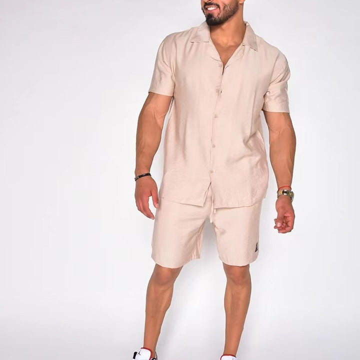 Men's Summer Lapels Cotton Linen Solid Color Short Sleeve Shorts Suit