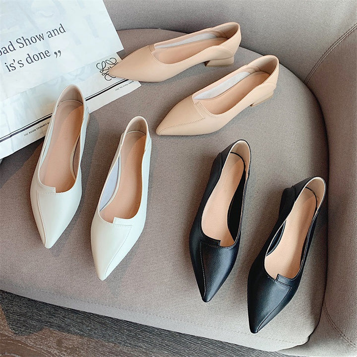 Pointed-toe Authentic Leather Soft Bottom Chunky Heel Shoes Two-way Shoes