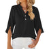 Button V-neck Mid-sleeve Chiffon Shirt Solid Color Top Womens Clothing