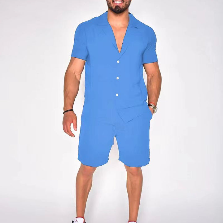 Men's Summer Lapels Cotton Linen Solid Color Short Sleeve Shorts Suit